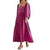 ABYOVRT Women Floral Embroidered Maxi Dress Long Puff Sleeve Square Neck Bohemian Flowy Dress with Pockets Summer Fall (Rose,S)
