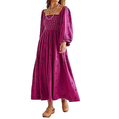 ABYOVRT Women Floral Embroidered Maxi Dress Long Puff Sleeve Square Neck Bohemian Flowy Dress with Pockets Summer Fall (Rose,S)