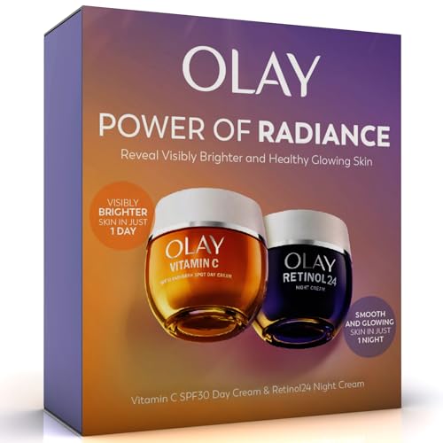 Olay Power of Radiance Giftset: Vitamin C Anti-Dark Spot SPF 30 Day Cream Face Moisturiser 50ml + Retinol 24 Night Cream 50ml Brightening Glow Skincare for Women