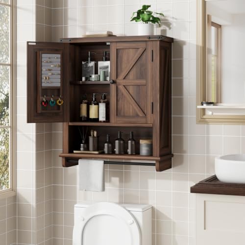 Image of QUW Farmhouse Bathroom Wall Cabinet, Modern Medicine Cabinets with Towel Bar & Jewelry Holder, Over The Toilet Storage Cabinet with Barn Door for Laundry, Living Room, Hallway, Dark Walnut