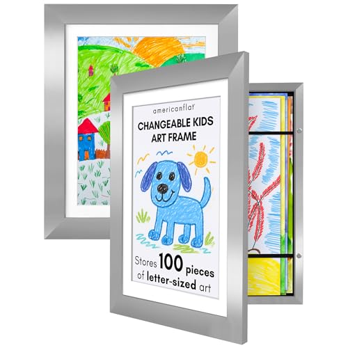 Americanflat - 2 Pack - Kids Artwork Display Frame Changeable (Silver) - Magnetic Door Holds 100 Art Pieces - A4 Size Display with Mount or 10x12.5 Without Mount - My Mini Masterpiece