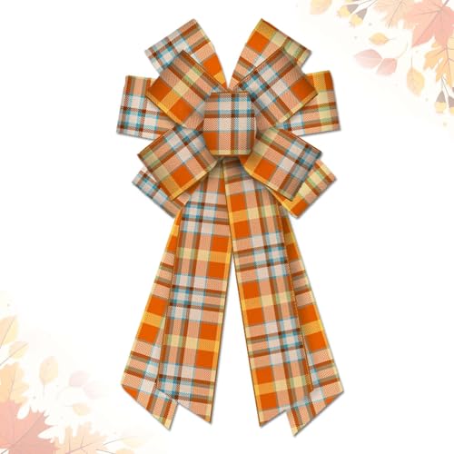 Hying Large Fall Bows for Wreath, Autumn Wreath Bows Orange Buffalo Plaid Bows Thanksgiving Farmhouse Craft Bows for Front Door Fall Thanksgiving Day Party Decorations Supplies