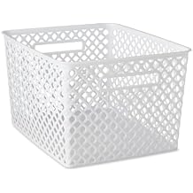 Large White Decorative Plastic Storage Basket, 14.7 in x 12 in x 8.5 in