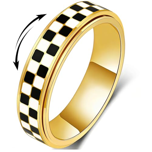 Checkered Fidget Spinner Ring Anxiety Relief Stainless Steel Adults Women