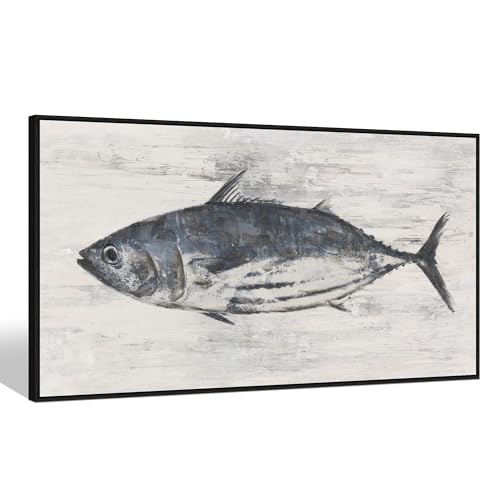 Tuna Framed Canvas Wall Art: Ocean Fish Painting Marine Life Prints Sealife Picture Large Coastal Bluefin Textured Artwork Nautical Decor for Bathroom Bedroom