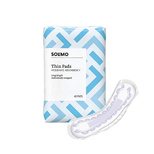Amazon Brand - Solimo Thin Incontinence Bladder Control Pads for Women, Moderate Absorbency, Long Length 48 Count (Pack of 1)
