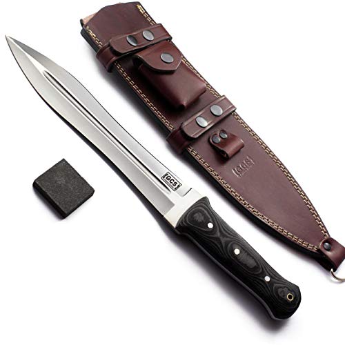 GCS Handmade D2 Steel Survival Tactical Hunting Dagger BLACK & White Micarta Handle with Brown Leather Right or Left Hand Horizontal Fixed Blade Knife Sheath & Sharpening Stone GCS269