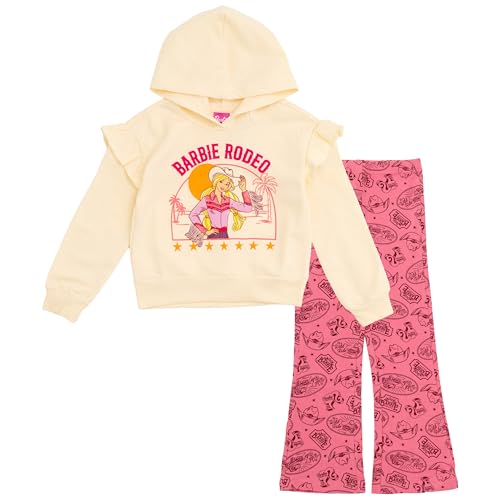 Barbie Rodeo Little Girls Fleece Pullover Hoodie and Flare Leggings Outfit Set Logo Cream/Pink 7-8
