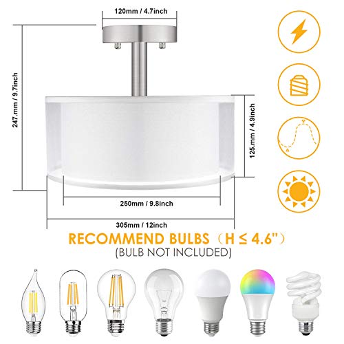 Semi Flush Mount Ceiling Light Fixture, 3-Light Drum Light with Double Fabric Shade, Modern Close to Ceiling Lamps for Living Room, Bedroom, Dining Room, Kitchen, Hallway, Entry, Foyer - Thumbnail 4