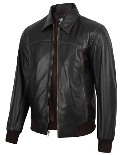 Image of Decrum Men's Bomber Leather Jacket - Vintage Style Real Lambskin Leather Jacket with Rib-Knit Cuffs and Hem