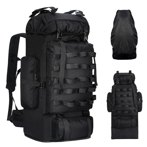 70L/100L Camping Hiking Backpack with Rain Cover, Expandable Large Military Tactical Backpack, Waterproof Molle Racksack Travel Backpacking Daypack for Climbing Trekking (Black)