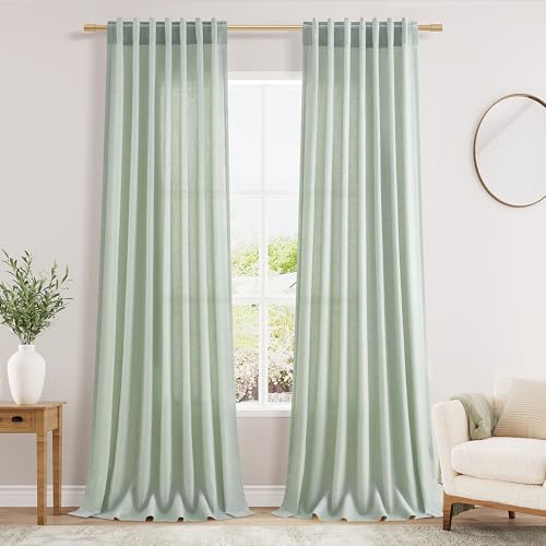 Image of Extra Long Aqua Green Linen Curtains 120 Inch for Living Room 2 Panels Set Rod Pocket Back Tab Light Filtering Semi Sheer Linen Window Drapes Privacy High Ceiling Drapes for Farmhouse 52x120