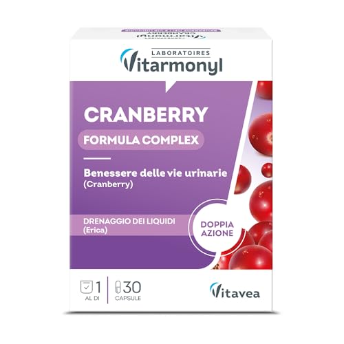 Cranberry Nuova Formula - Integratore per il Benessere delle Vie Urinarie - Drenaggio dei Liquidi - Mirtillo Rosso e Erica - 30 Capsule - Cistite - 1 Mese di Trattamento - Vitarmonyl