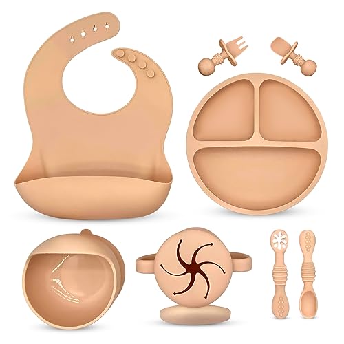 Baby Led Weaning Supplies -Silicone Baby Feeding Set 9 pieces -Suction Bowl Bib Divided Plate Cup snack cup Self Feeding Spoons -Toddler Baby Dish set Eating Utensils baby eat essentials (Cream)
