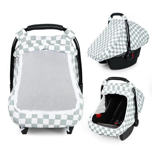 Image of DILIMI Car Seat Covers for Babies, Muslin Cotton Baby Car Seat Cover with Breathable Mesh Window, Summer Infant Car Seat Canopy for Boys Girls Newborn, Green Plaid