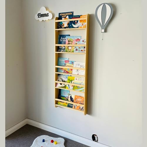Furpinea Handmade Natural Wood 5 Tier Montessori Kids Bookshelf, Wall Mounted Wide Book Shelf for Nursery, Space Saver Children's Book Rack Wall for Bedroom, Living Room (Medium, 21
