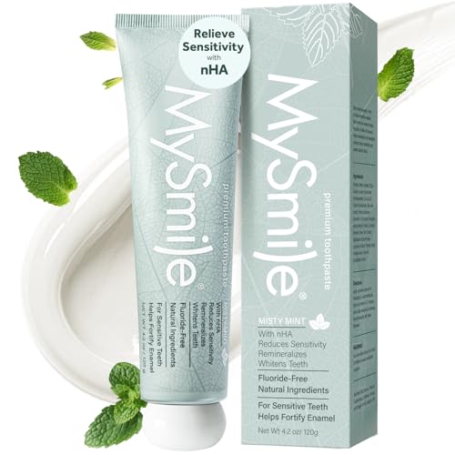 MySmile Fluoride Free Nano Hydroxyapatite Toothpaste for Sensitive Teeth, Strengthens Enamel, Remineralizes & Whitens Teeth, Freshens Breath for Adults, SLS Free, Natural Misty Mint, 4.2 oz