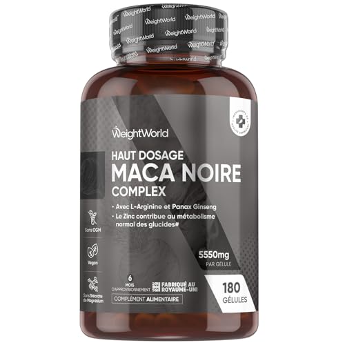 Maca Noire avec Ginseng 180 Gélules Vegan (6 mois) avec Zinc, L Arginine, Panax Ginseng, Poivre Noir, Racine de Maca Noire, Jaune, 5550mg par Jour sans Gluten, sans OGM, sans Stéarate de Magnésium