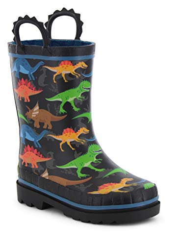 Western Chief Kids Waterproof Printed Rain Boot with Easy Pull On Handles, Dino