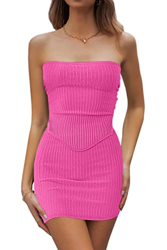 CHYRII Womens Sexy Summer Two Piece Outfits Bandeau Going Out Crop Tops Bodycon Skirt Sets Mini Dress Hot Pink S