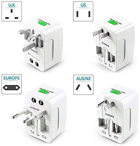 universal travel adapter, 4 interchangeable plugs uk/us/eu/aus, white, 100g, 240v, 7x6x4cm, 2 usb ports, 1 ac socket