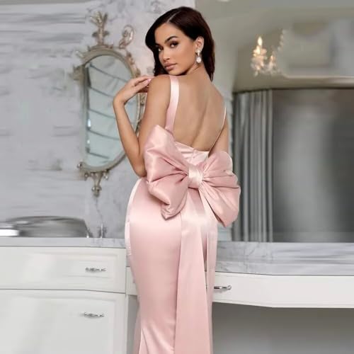 Satin Square Neck Mermaid Prom Dress with Bow Spaghetti Straps Elegant Formal Evening Party Gown3