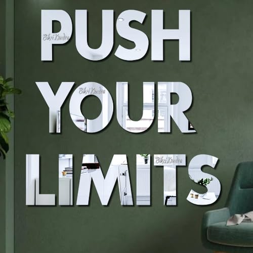 Image of Bikri Kendra - Push Your Limits Letter Mirror Sticker, Acrylic stikcer, Decorative Mirror Sticker for Wall, Bedroom, Hall, Living Room, Kitchen. (Silver Push Your)
