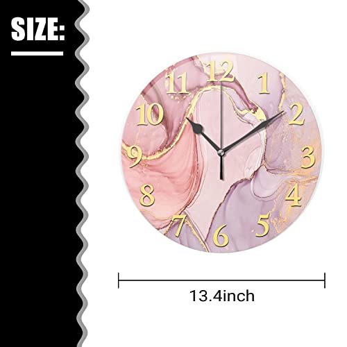 Acozuhse Marble Texture Wall Clock, Pink Gold Tie Dye Wall Clock Golden Line Marbling Stone Clocks, Battery Operated 13.4"X13.4" Round Wall Clock For Kitchen Living Room Bedroom Office Wall Decor #TOP4