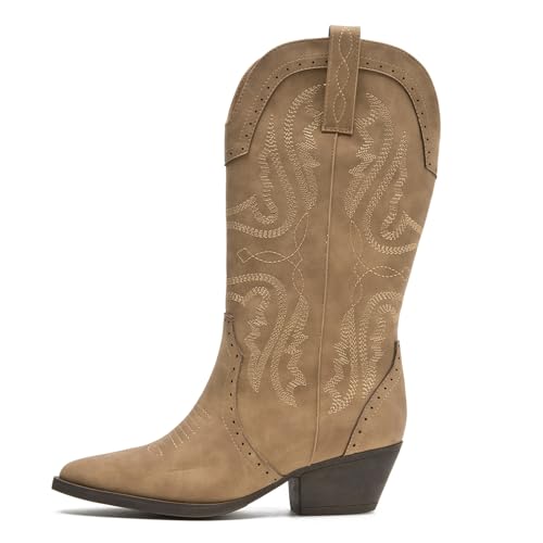 Image of SelRoys Cowboy Boots for Women Cowgirl Mid Calf Western Boots Embroidered Stitched Pointed Toe Chunky Block Heel Brown Red Black US5-11