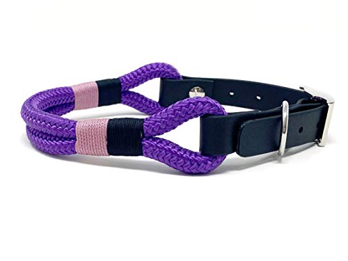 Wau-Effekt Tauhalsband für Hunde - 100% Handarbeit - Halsband - Halsung aus robustem Segeltau mit Biothaneverschluss (S, Lila - Dunkelblau Rosa)