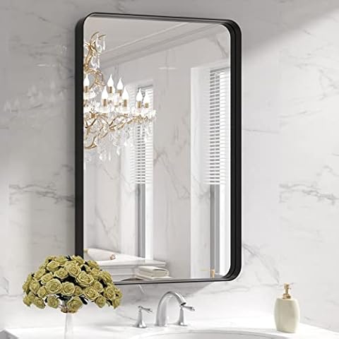 LOAAO Black Metal Framed Bathroom Mirror for Wall, 24X36 Inch Rounded Rectangle Mirror Cover
