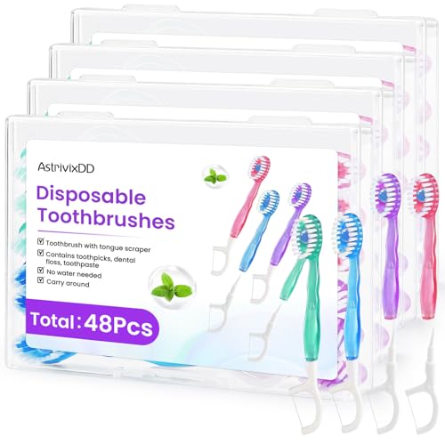 AstrivixDD 48 Pack 5-in-1 Mini Toothbrush Disposable Waterless Disposable Toothbrushes with Toothpaste Floss Tongue Scraper Toothpick Prepasted Toothbrushes for Travel Hotel