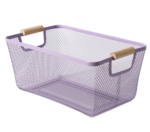 AJIODA Metal Mesh Steel Basket, Large Wire Storage Organizer Basket Multi-function Hanging Kitchen Baskets with Wood Handle for Kitchen Bathroom Picnic Home, Rectangle-Purple