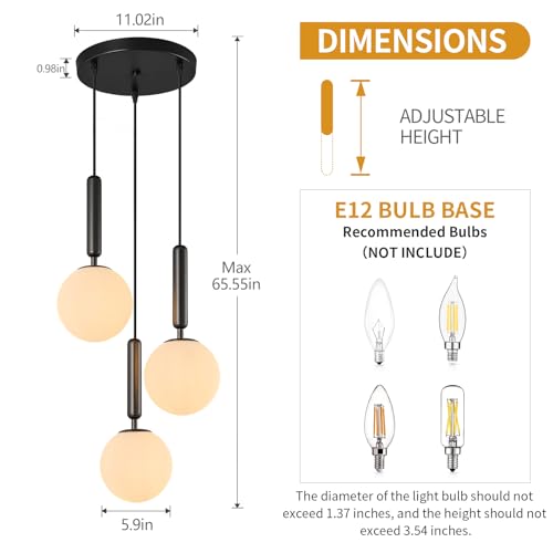 Image of Modern Black Pendant Light Hanging Fixture Light for Kitchen Island Mid Century with Globe Pendant Light Milk White Glass Pendant Lighting for Living Room Bedroom Entryway (3 Lights)