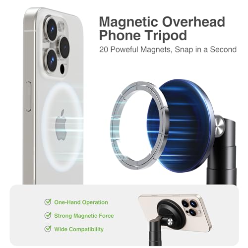 Image of elitehood Magnetic Overhead Tripod for iPhone with 25in Long Extendable Arm, 59in Horizontal Tall Phone Tripod for Video Recording, 360 Swivel Tilt Overhead iPhone Stand Holder for Filming Recording