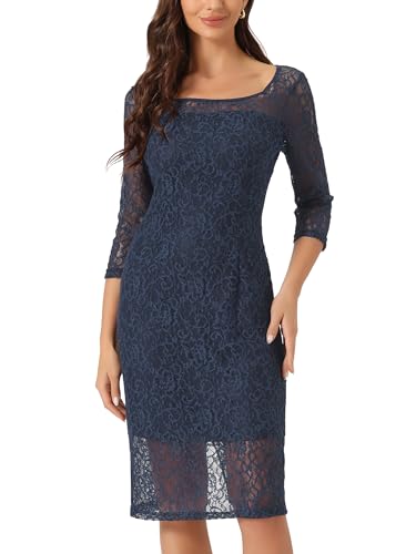 Allegra K Damen Etuikleid Elegant 3/4-Ärmeln Spitze Eckigem Ausschnitt Midi Gerader Schnitt Mini Kleid Navy Blau XS