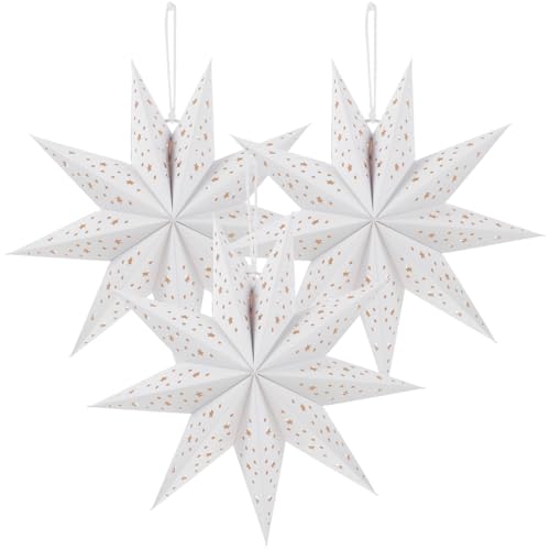 minkissy 3pcs White Paper Star Lantern Lampshade Decoration 3D Paper Star Pentagram Lampshade Foldable Lamp Shade for Xmas Wedding Party Home Hanging Decorations 35cm White