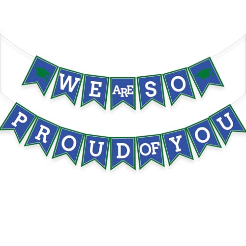Image of Blue Green We Are So Proud Of You Banner Congrats Grad Cap Bunting Flag Grad Party Decoration Idea
