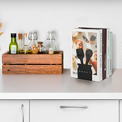 Black Kitchen Bookends 5.9 X 3.9 X 3.9 Inch Spoon Decorative Cookbook Metal Book Ends With Non-Slip Mat Metal Cookbook Storage Books Stoppers Metal Kitchen Cookbook Holder For Shelves Kitchen Book #TOP4