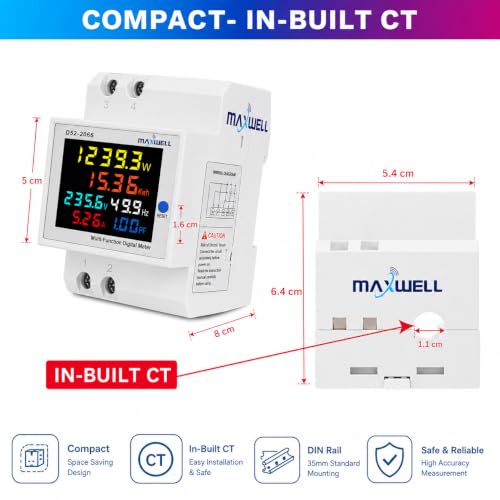 Image of MAXWELL Multifunctional Digital Meter | DIN-Rail | AC 40-300V | Current, Power, Frequency & Energy Monitor with LCD Display | 6 in 1 Digital Energy Meter