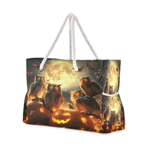 Large Beach Bags Totes Canvas Tote Shoulder Bag Owl Pumpkin Water Resistant Bags for Gym Travel Daily