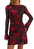 PRETTYGARDEN Women's 2026 Fall Fashion Floral Long Sleeve Mini Dress Mesh Bodycon Short Party Date Night Going Out Dresses (Floral Black Red,X-Large)