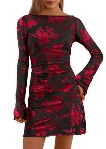 PRETTYGARDEN Women's 2026 Fall Fashion Floral Long Sleeve Mini Dress