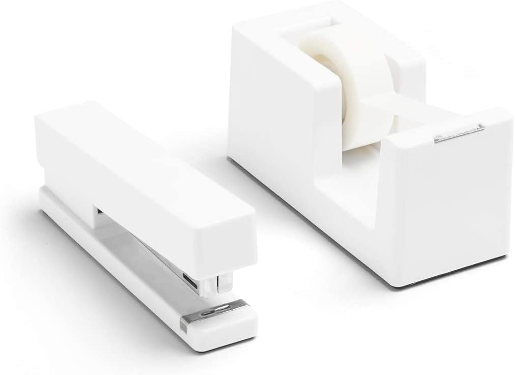 Dynamic Duo Stapler and Tape Dispenser Set - White. Staple Up to 20 Sheets of Paper. Solid Weighted Core Tape Dispenser. Matching Lengths for an Even Set-up.