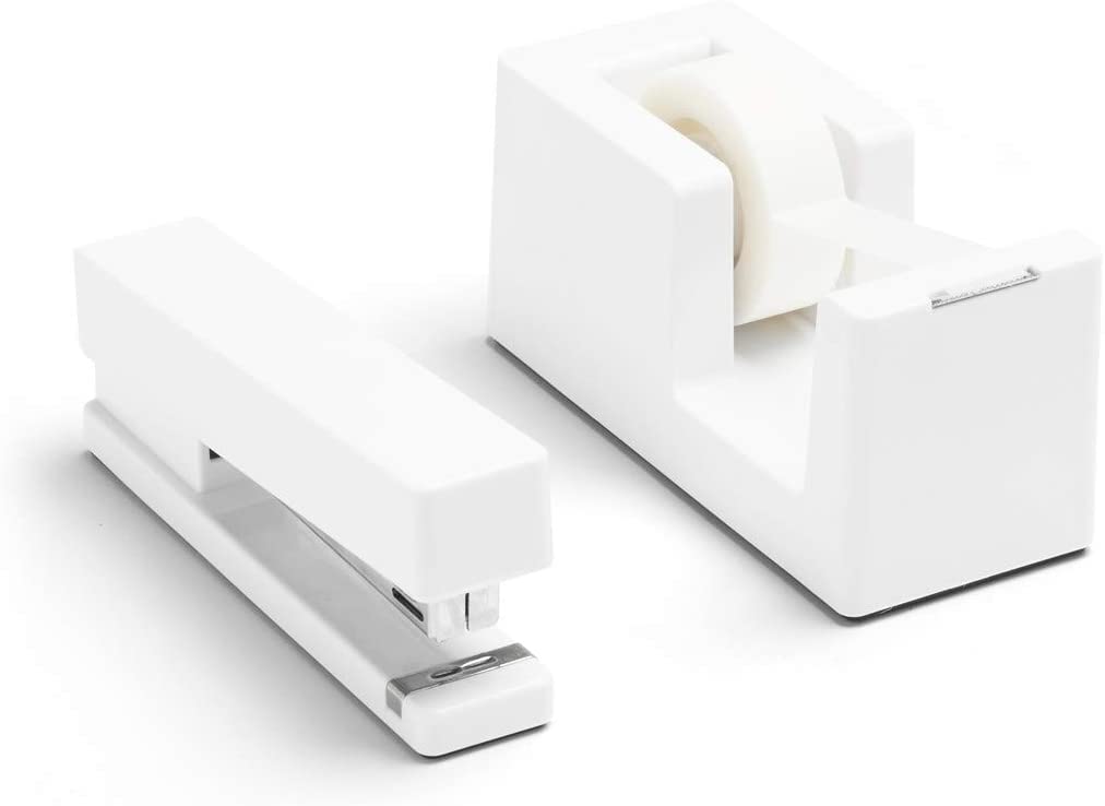 Dynamic Duo Stapler and Tape Dispenser Set - White. Staple Up to 20 Sheets of Paper. Solid Weighted Core Tape Dispenser. Matching Lengths for an Even Set-up.