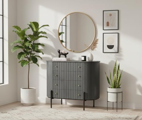 Image of Solid Wooden Oval Chest of Drawers| 4 Drawers Chest | Wooden Storage Cabinet | Mango Wood, Premium Grey Finish