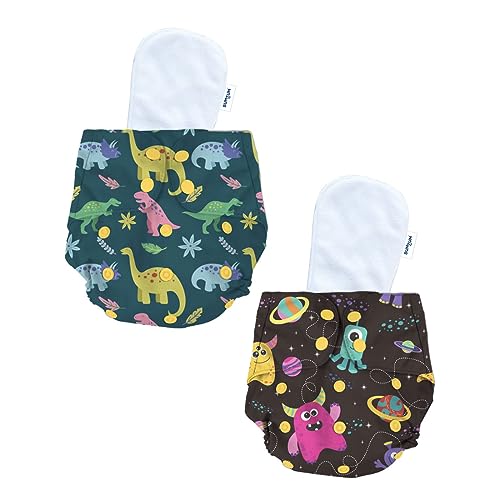 Image of Bumtum Baby Diaper | 0-3 Yrs Baby Freesize | Pack of 2, New Born Baby Diaper, Cloth Diaper, Waterproof Reusable Diaper, 5hrs Absorbency, Washable, Cotton Soaker, Extra Soft (Dinosaur & Wonderland)