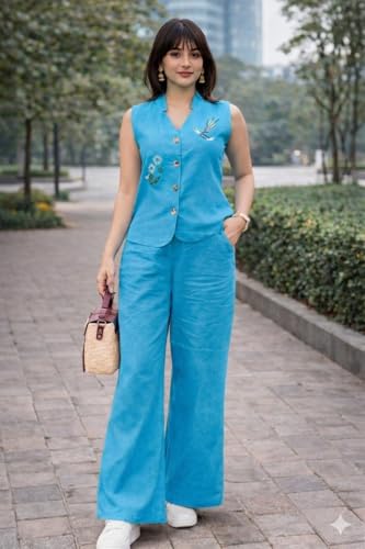 Image of Lyssa Yellow Ember Embroidered Co-Ord Set for Women, Sleeveless Vest with Wide-Leg Trousers