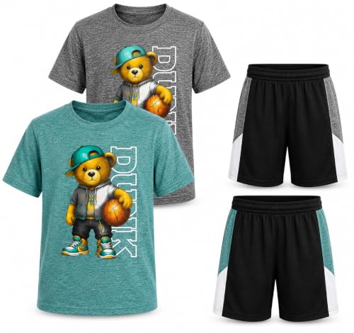 Image of Pro Athlete Boys Shorts Sets - 4 Piece Dry Fit Short Sleeve Crewneck Graphic Tee and Performance Shorts for Boys (Sizes 8-16)