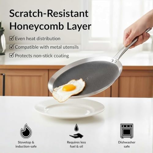 Image of Nestasia Triply Stainless Steel Honeycomb Dosa Tawa (32 cm) - Non Stick Scratch Resistant Tava for Healthy Cooking | Induction & Gas Stove Friendly, Even Heating, Less Oil Use